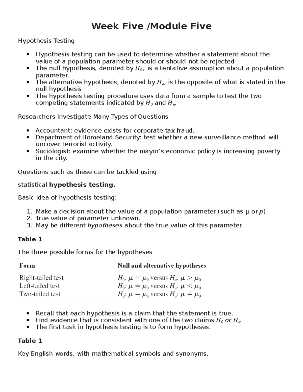 Module 5 notes - Week Five /Module Five Hypothesis Testing Hypothesis ...