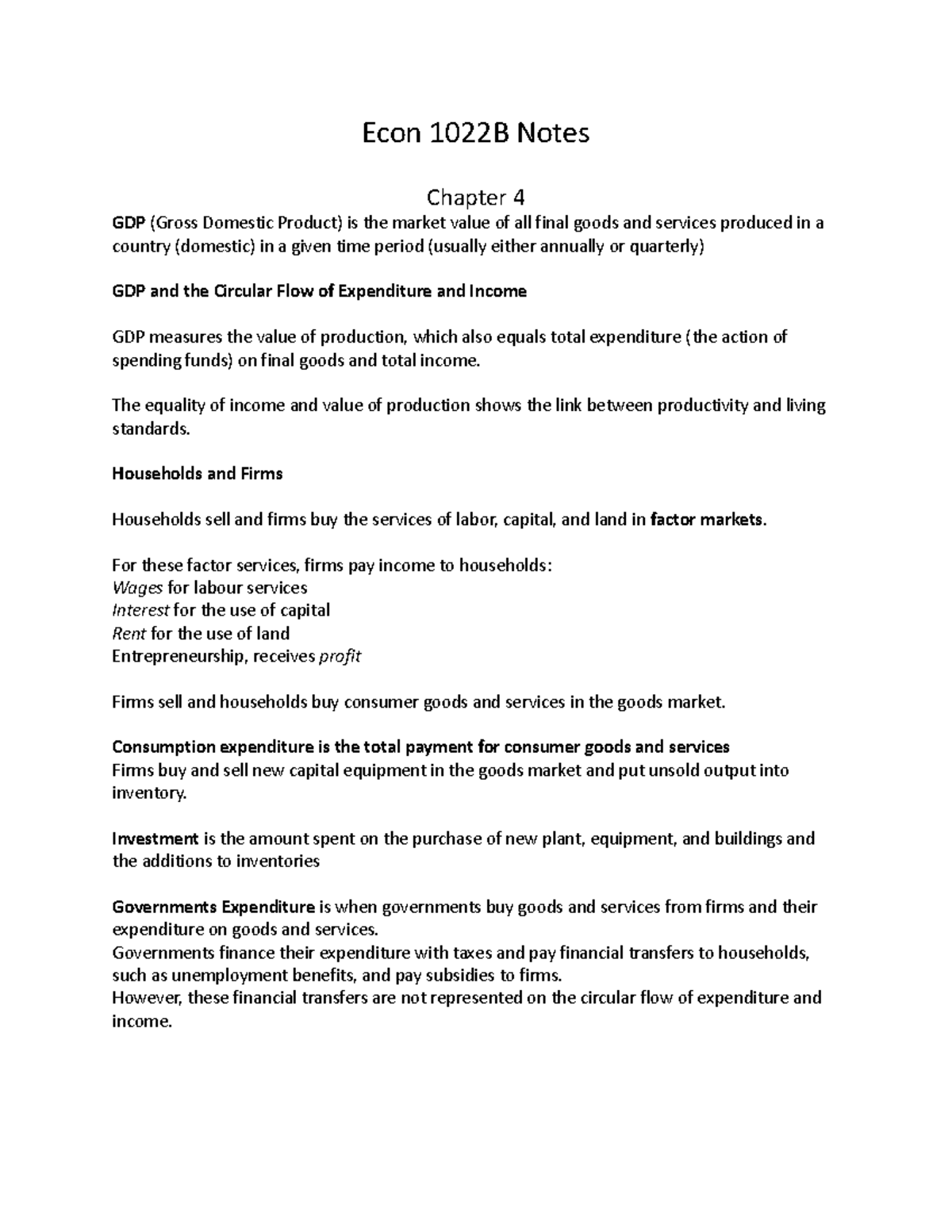 Econ 1022B Notes - Econ 1022B Notes Chapter 4 GDP (Gross Domestic ...
