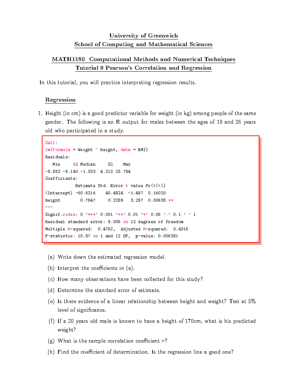 MATH1180 T9Solution - University of Greenwich School of Computing and ...