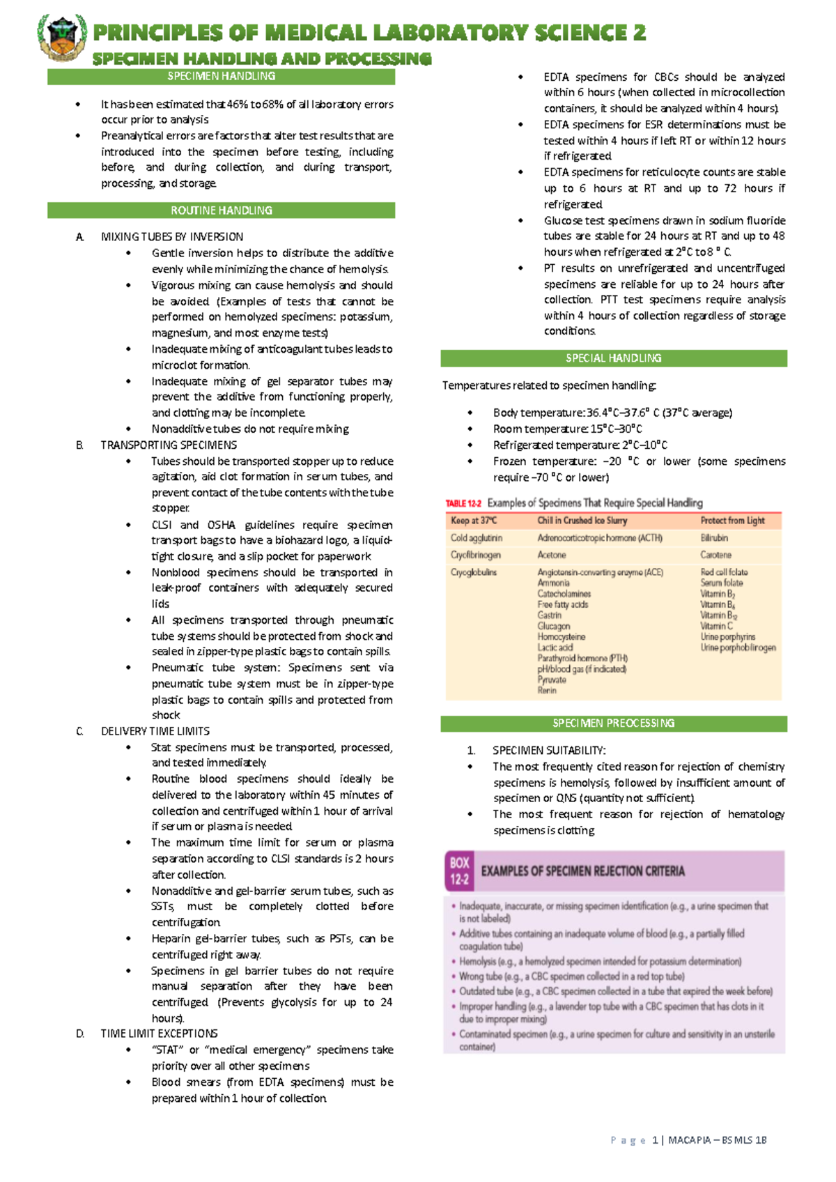 Pmls 2 specimen handling and processing P a g e 1 MACAPIA BSMLS