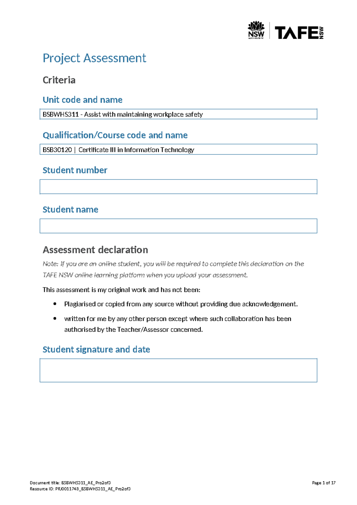 Bsbwhs 311 AE Pro2of3 Jai Korner - Project Assessment Criteria Unit ...