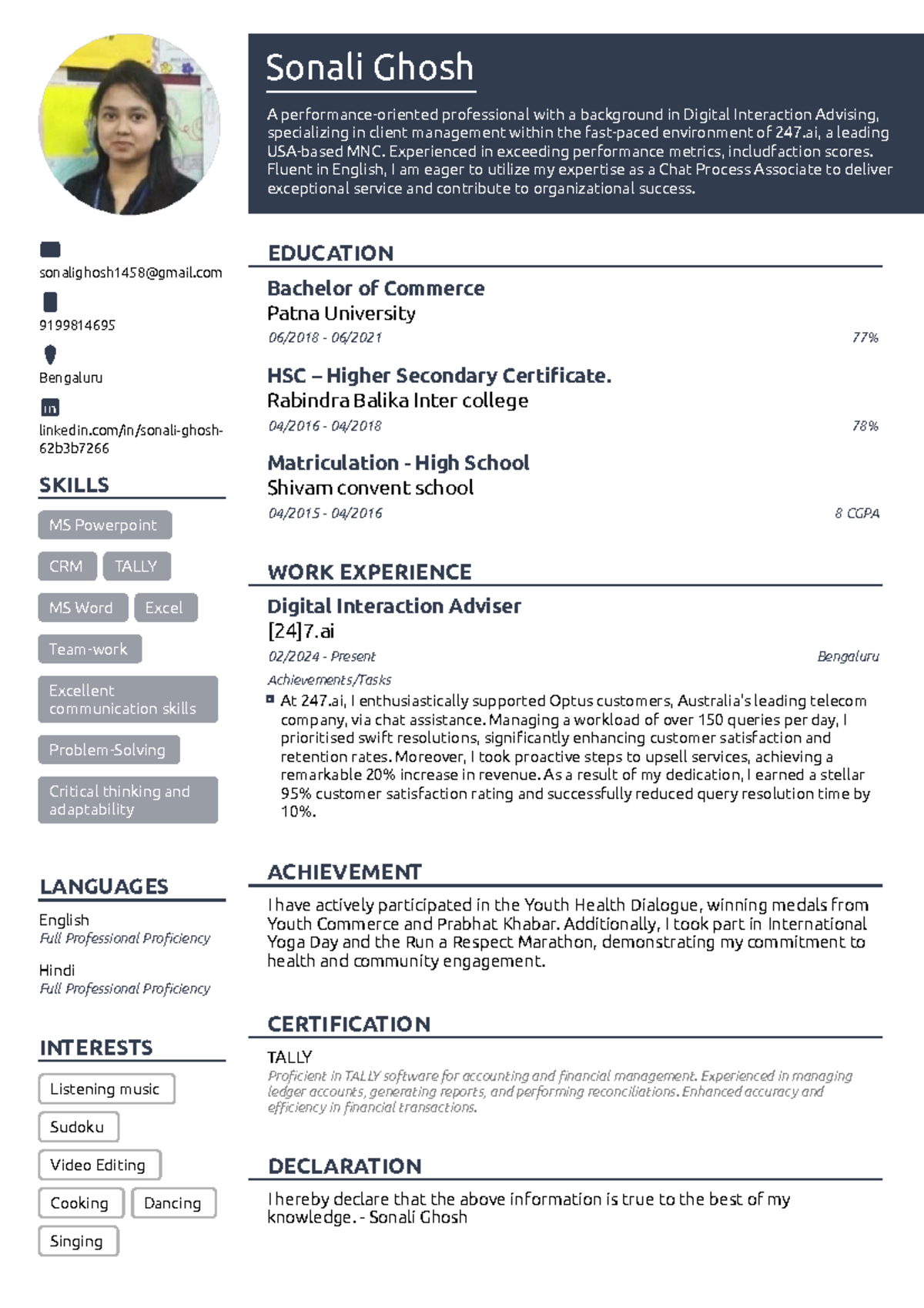 Sonali Resume - Sample papers - Sonali Ghosh A performance-oriented ...