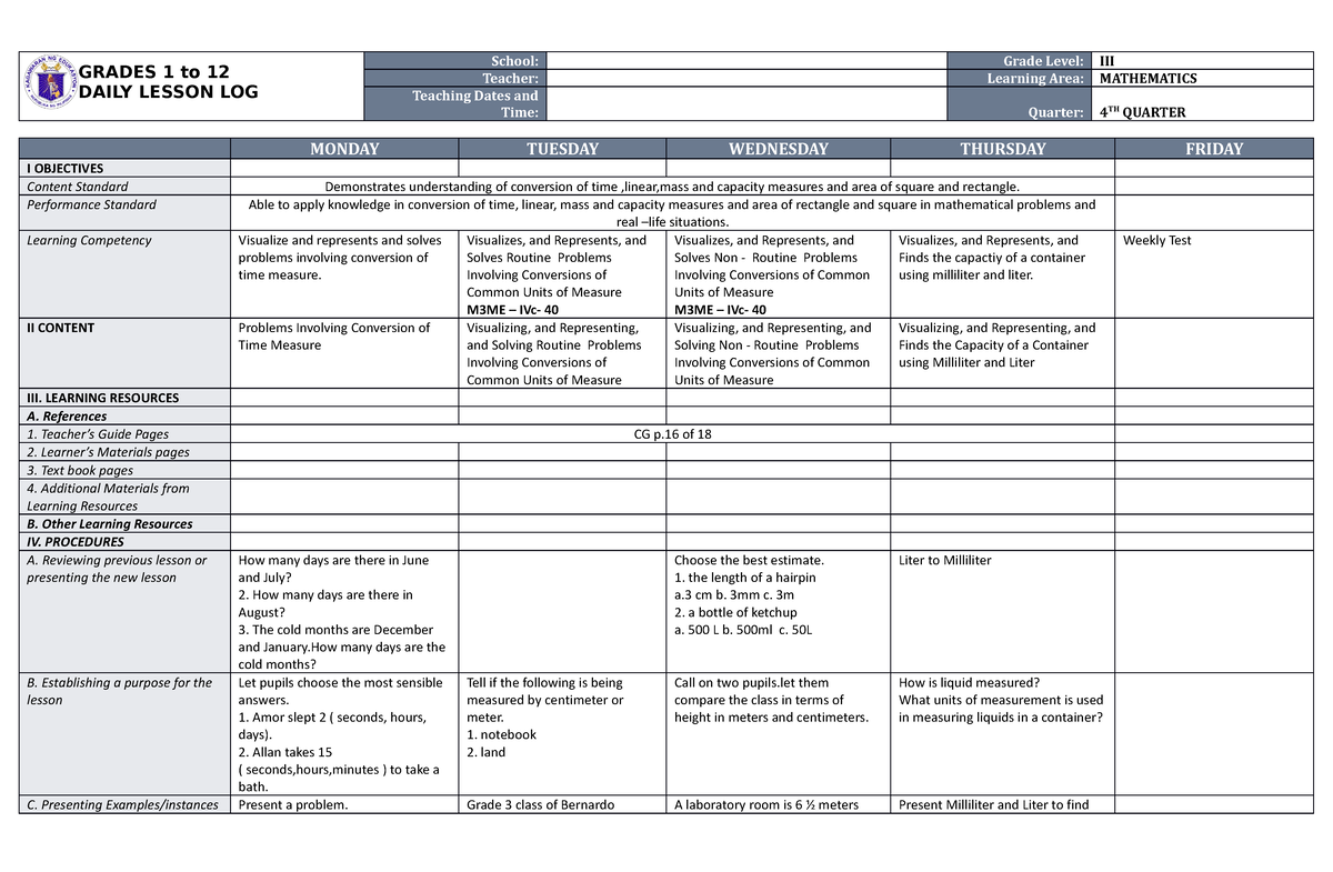 DLL Mathematics 3 4th Quarter Week 3 GRADES 1 to 12 DAILY LESSON