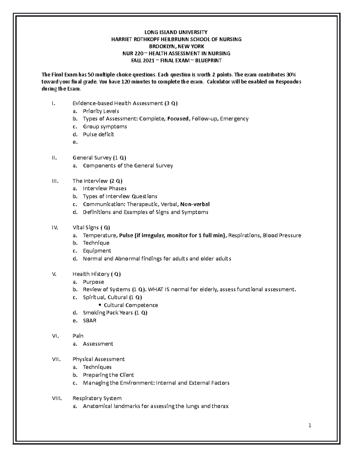Final Exam Blueprint Fall'21 NUR 220 -004 - LONG ISLAND UNIVERSITY ...