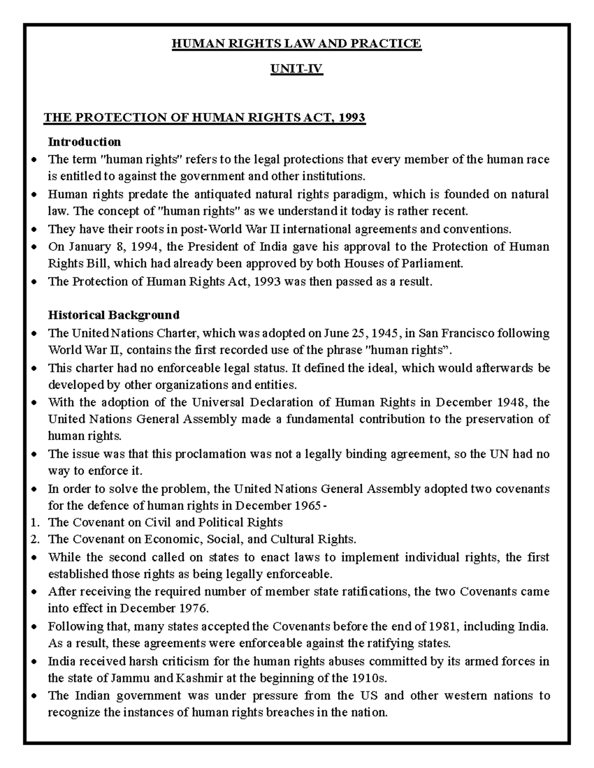 UNIT-IV-901- Human Rights - HUMAN RIGHTS LAW AND PRACTICE UNIT-IV THE ...