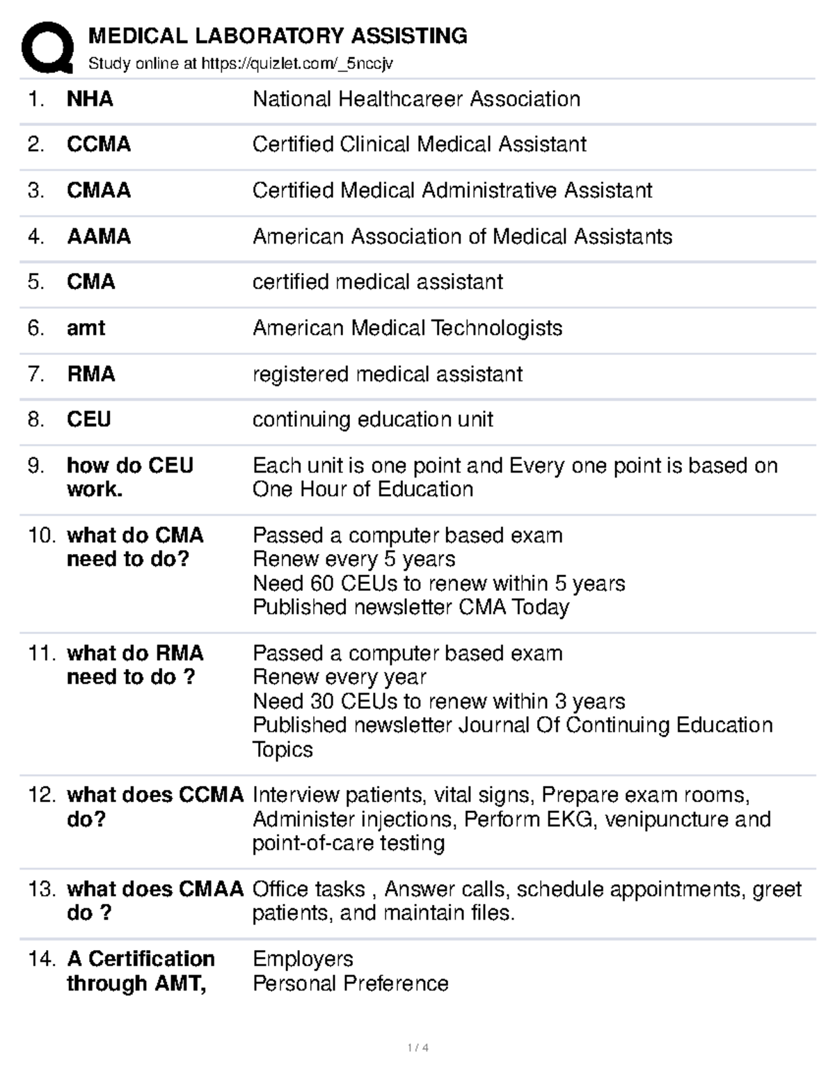 Medical Laboratory Assisting Study online at quizlet/_5nccjv NHA National Healthcareer