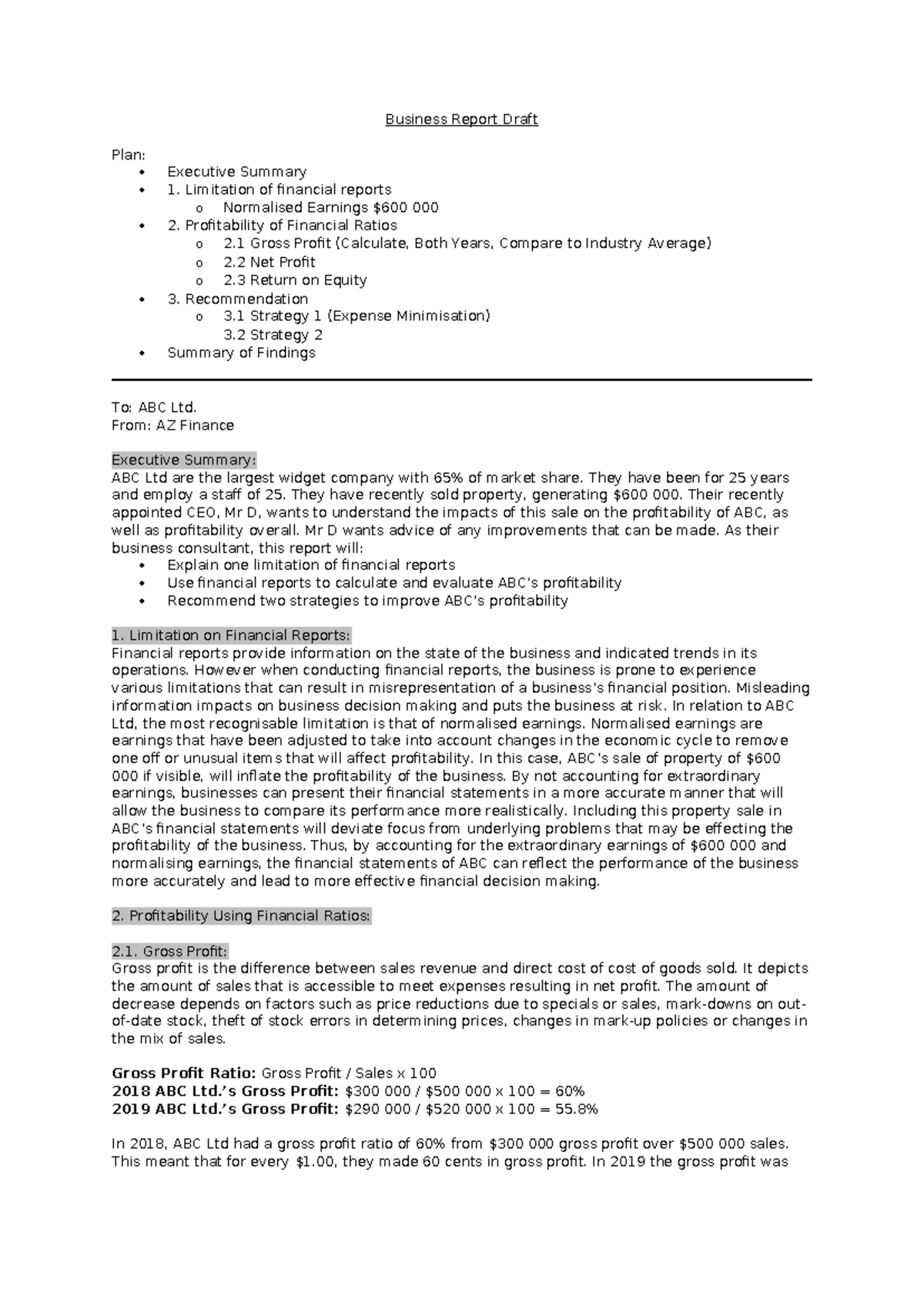 3. Finance Report - Business Report Draft Plan: Executive Summary 1 ...