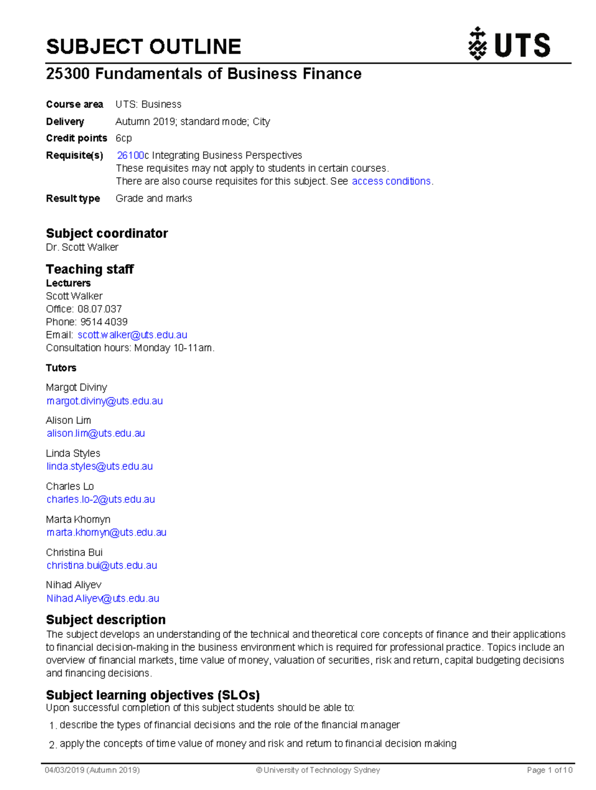 Subject Outline 25300 - SUBJECT OUTLINE 25300 Fundamentals of Business ...
