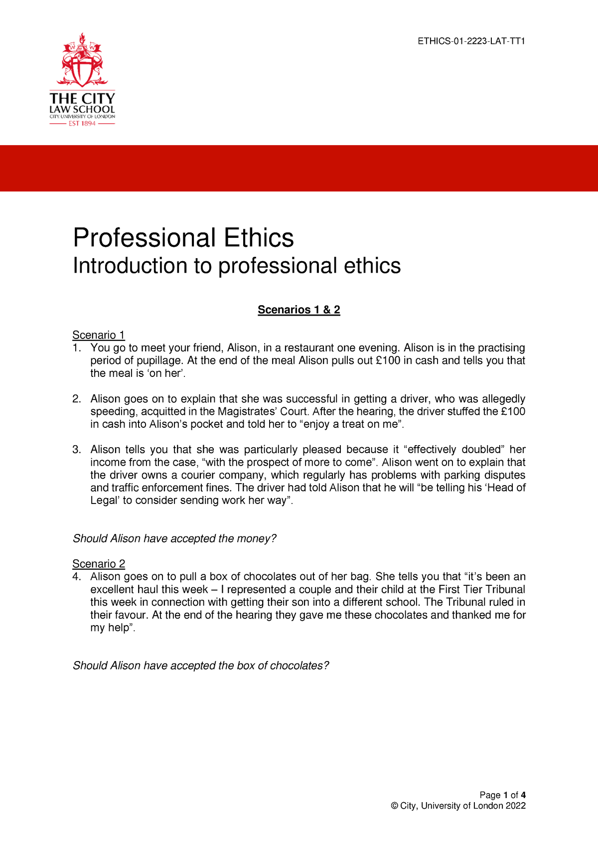 Five Scenarios - professional ethics - Page 1 of 4 Professional Ethics ...