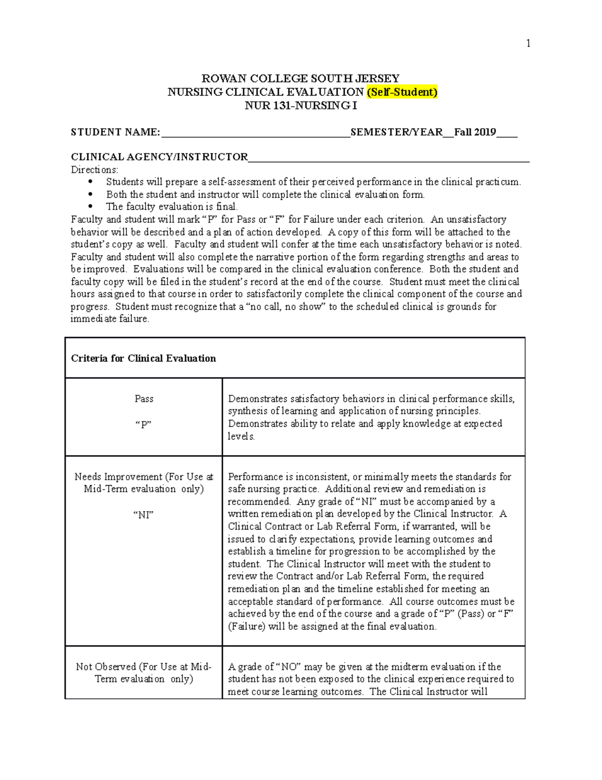 Student Rowan College South Jersey self eval 2019 - ROWAN COLLEGE SOUTH ...