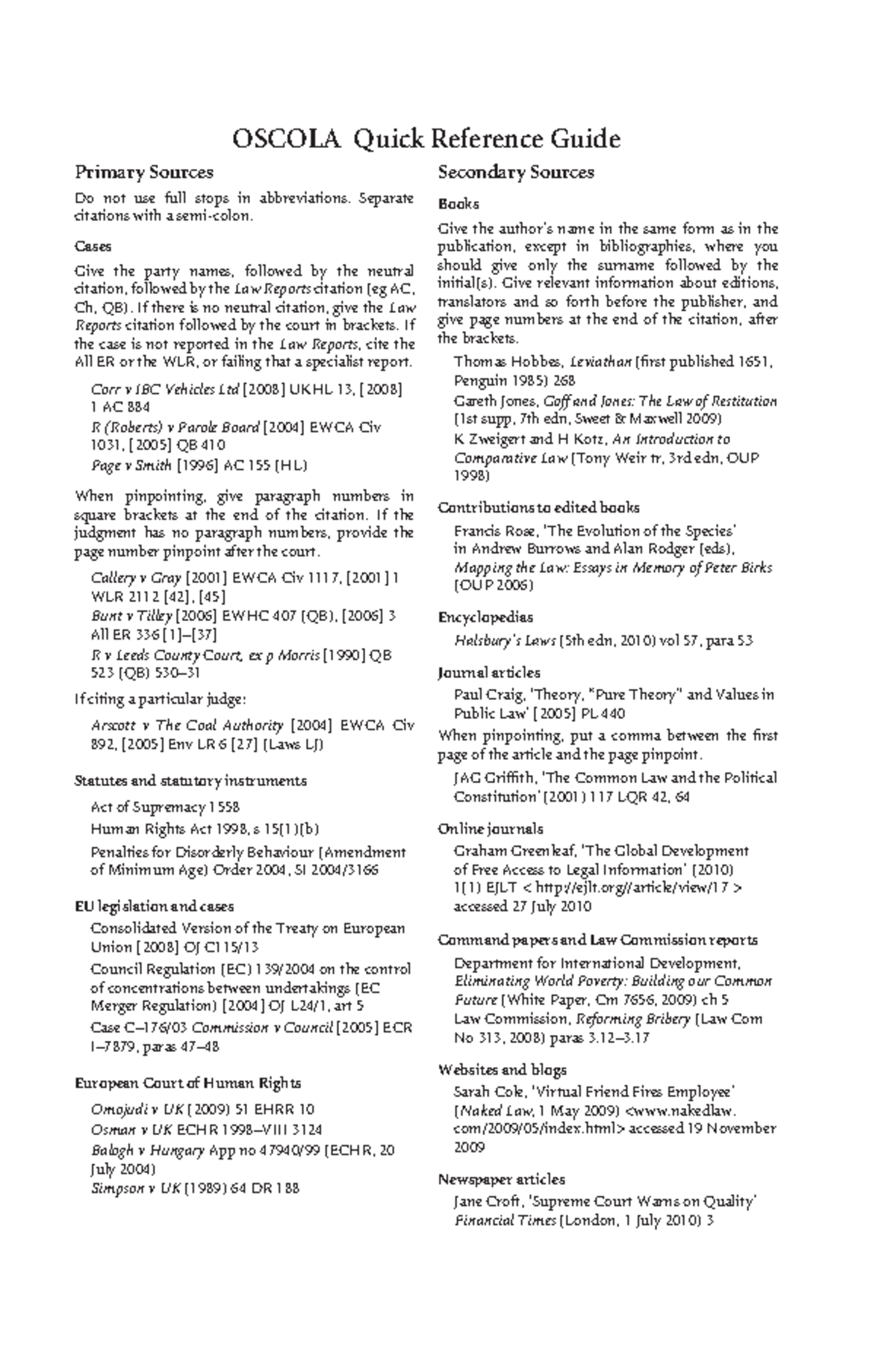 07 11 2022 Oscola Referencing OSCOLA Quick Reference Guide Primary 