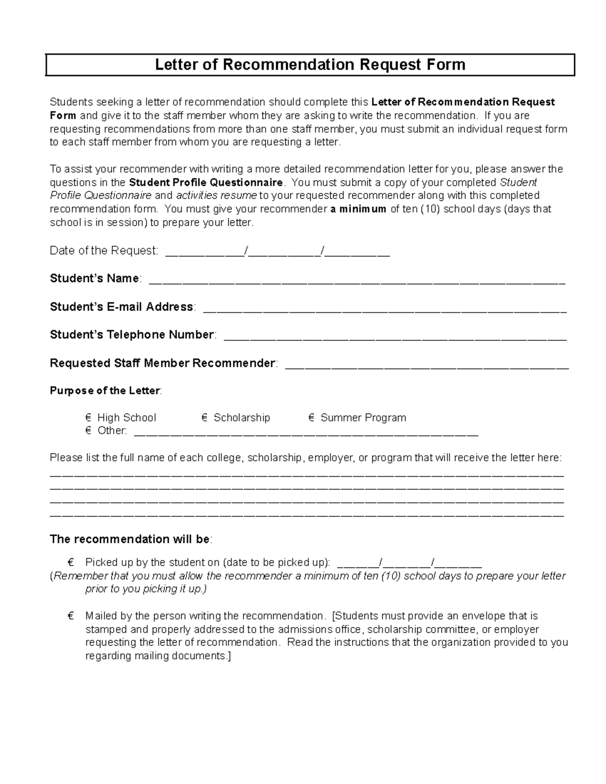 Letter of Recommendation Request Form and Student Profile Questionnaire ...