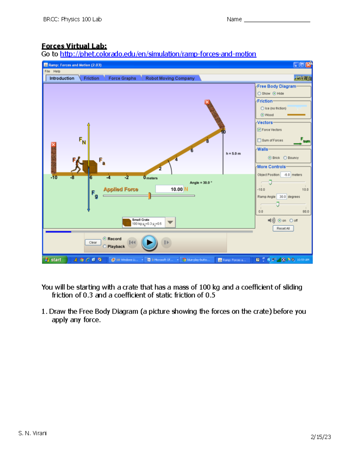 Lab6 Ramp Forces Motion Physics 100 Forces Virtual Lab Go to Studocu