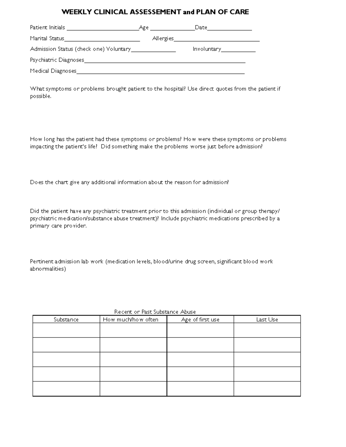 Weekly Clinical Assessement and PLAN OF CARE. 1-24 - WEEKLY CLINICAL ...