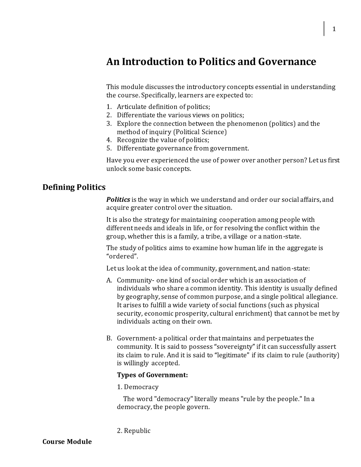 Week 001-Module An Introduction to Politics and Governance - 1 Course ...