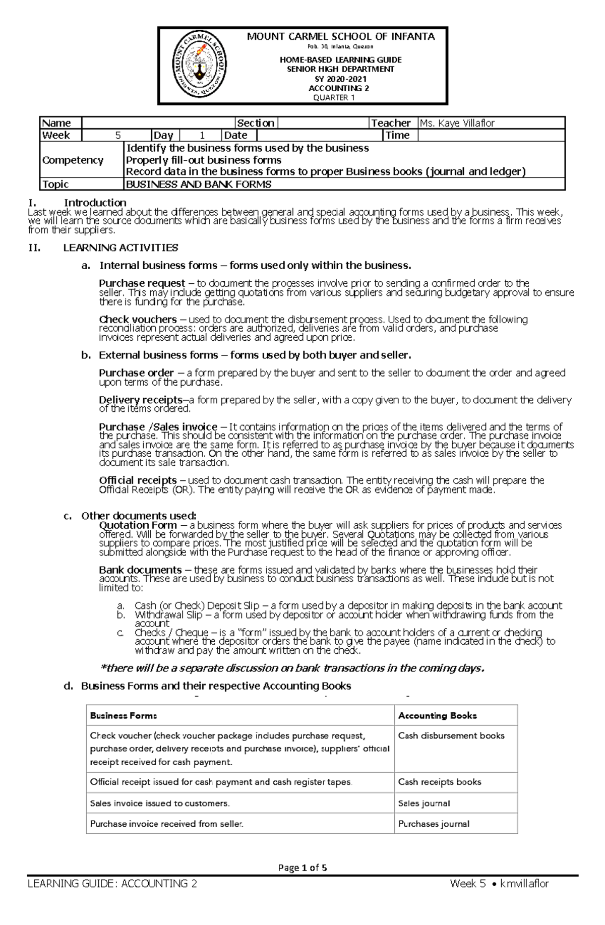 Accounting 2 Week 5 - MOUNT CARMEL SCHOOL OF INFANTA Pob. 38, Infanta ...