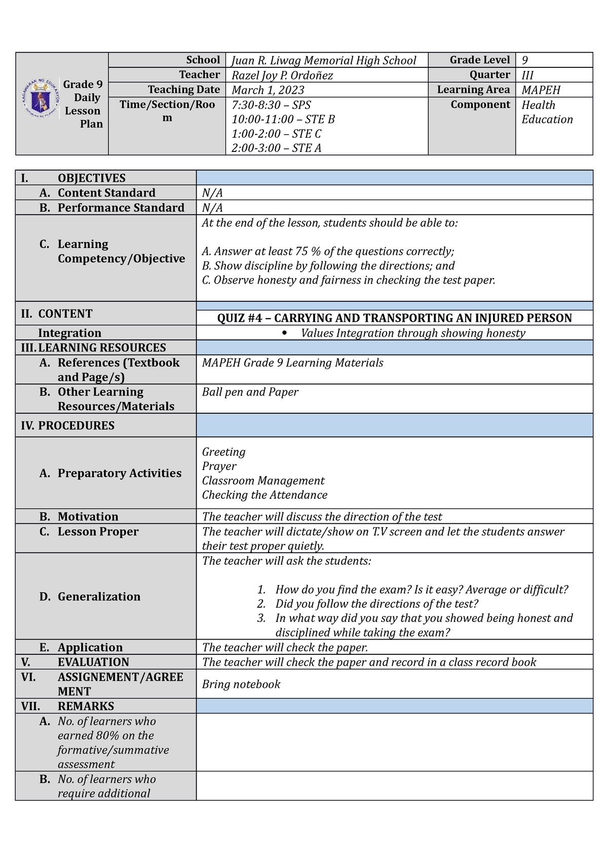 LP-QUIZ-in- Lesson 4 Health - Grade 9 Daily Lesson Plan School Juan R ...