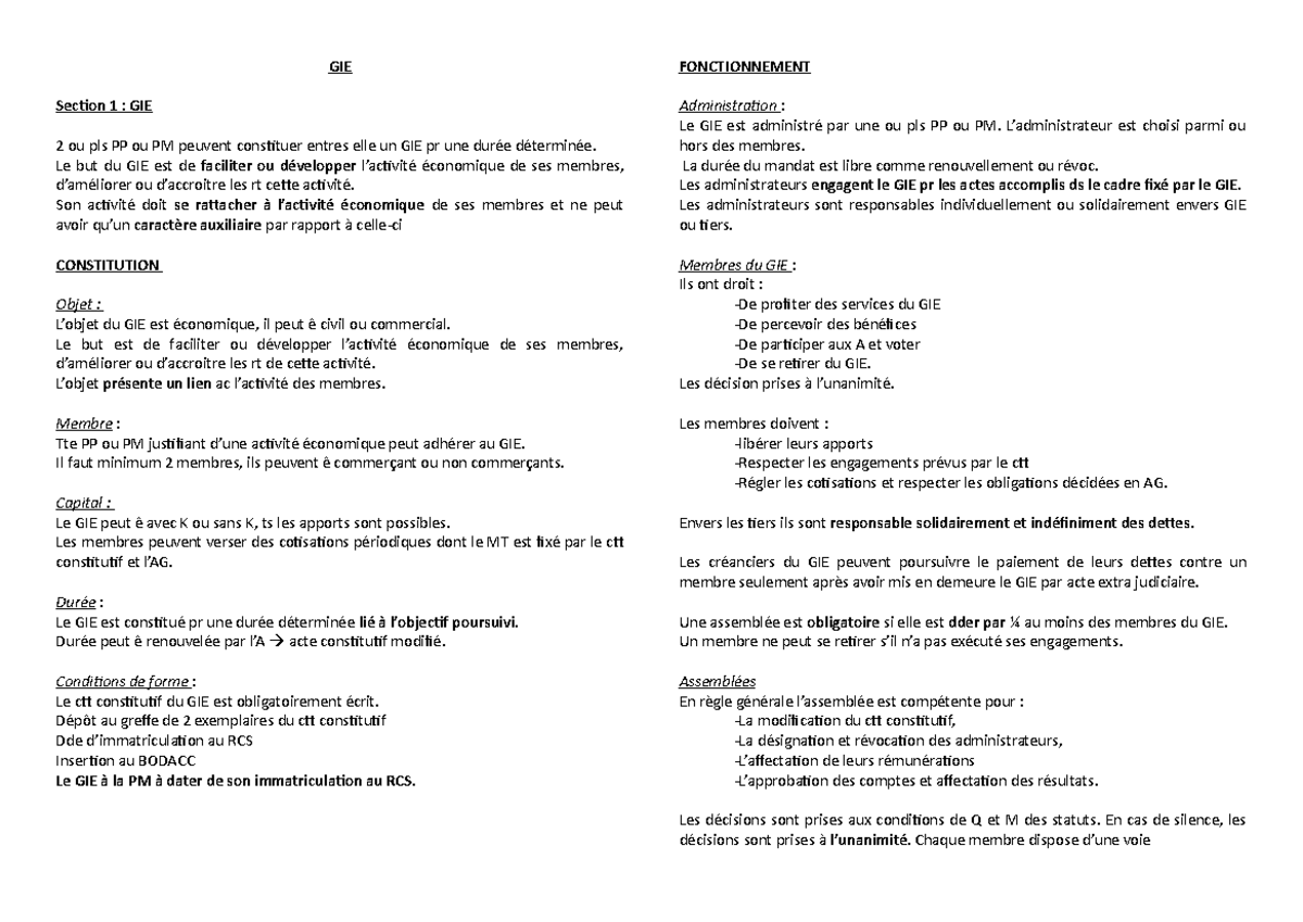 Fiche GIE - Résumé UE2 - Droit des sociétés - GIE Section 1 : GIE 2 ou