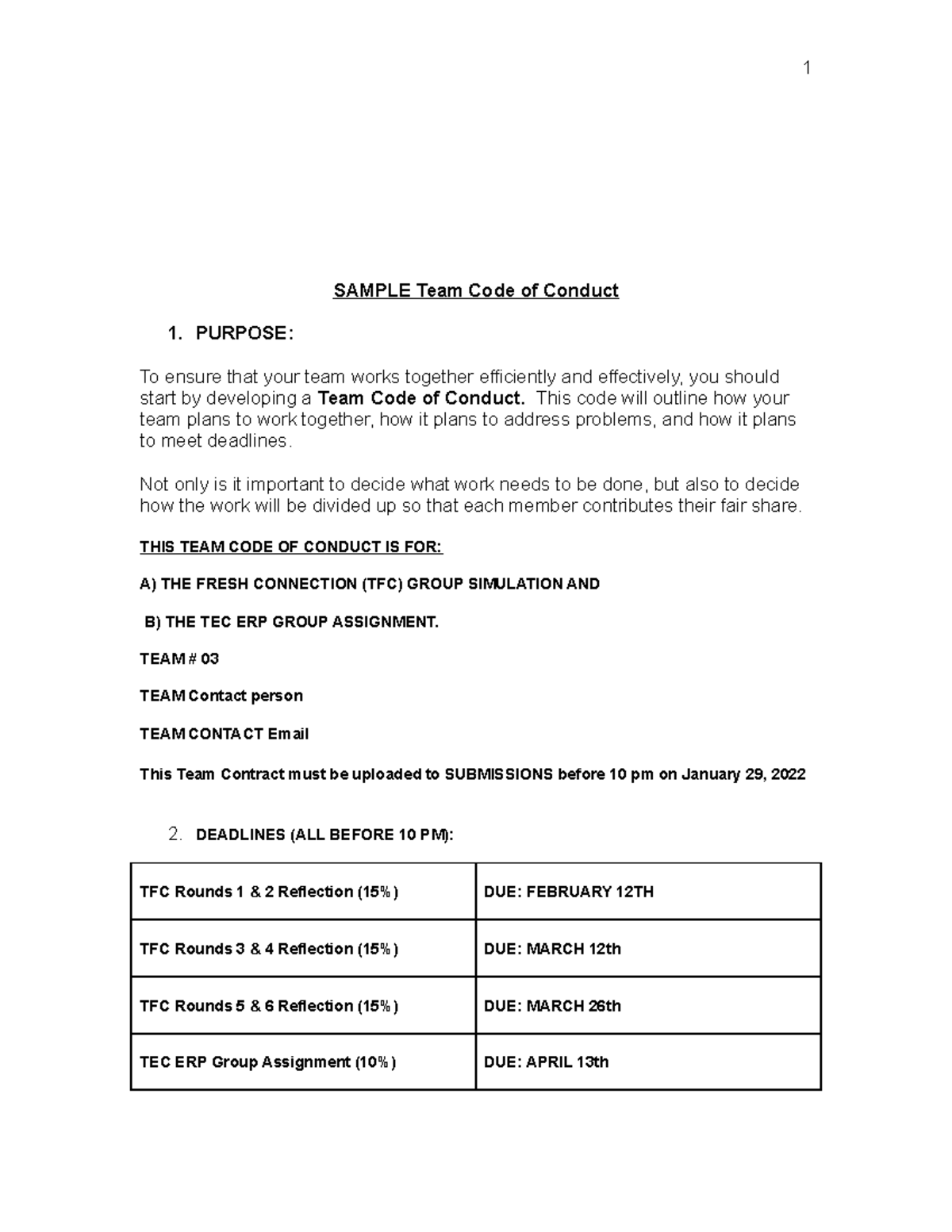 Code of Conduct 1 - Mandatory - SAMPLE Team Code of Conduct 1. PURPOSE ...