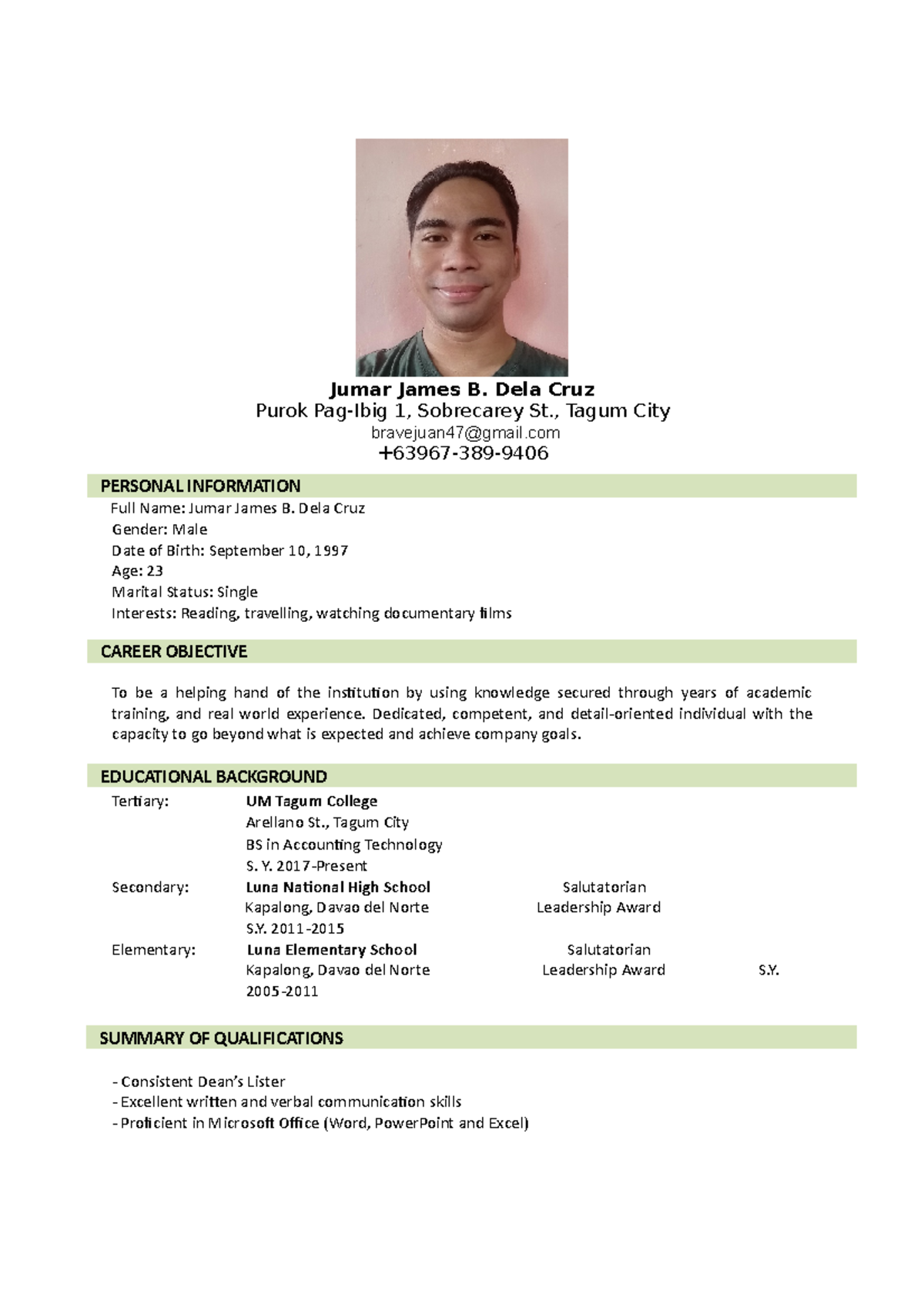 Resume-for assignment sample - Jumar James B. Dela Cruz Purok Pag-Ibig ...