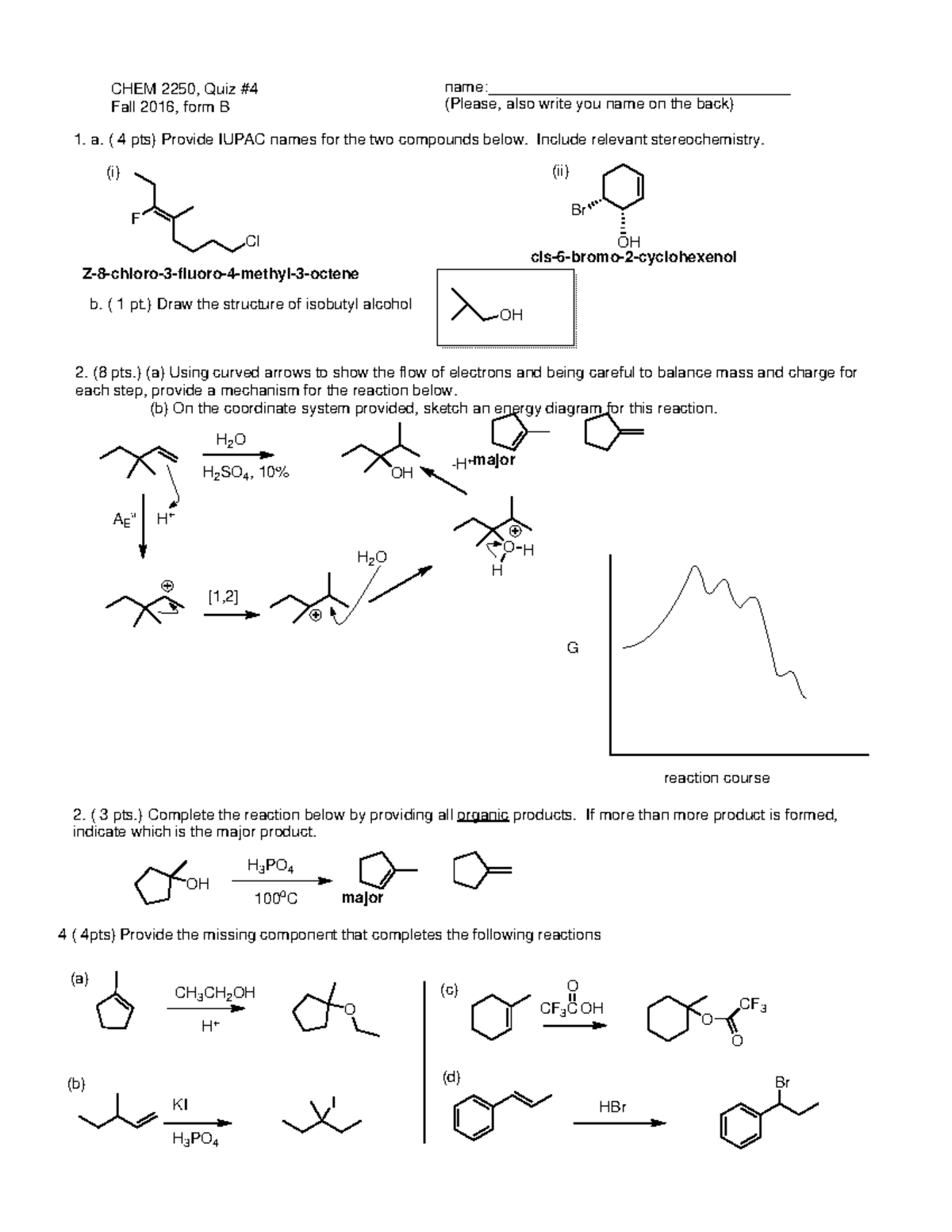 Quiz 4 B Key - Good Practice Materials - CHEM 2250, Quiz # Fall 2016 ...