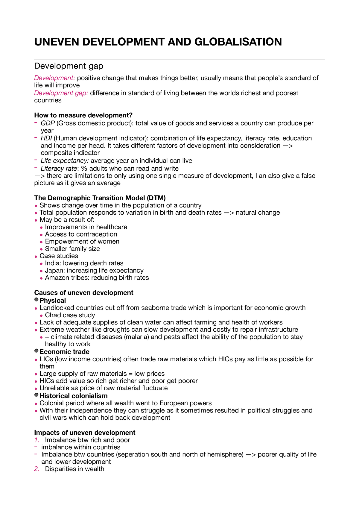 Uneven Development AND Globalisation Notes - UNEVEN DEVELOPMENT AND ...