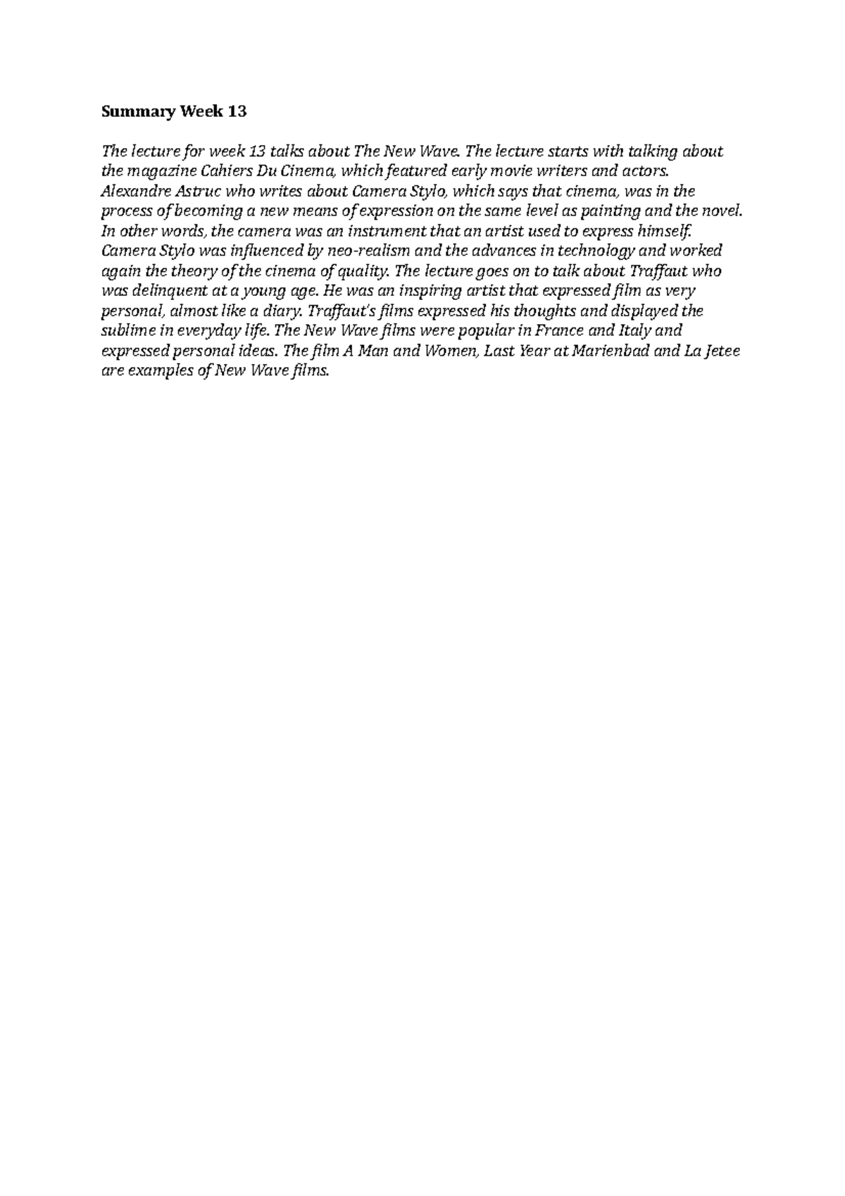 Week 13 Summary - Lecture notes w13 - Summary Week 13 The lecture for ...