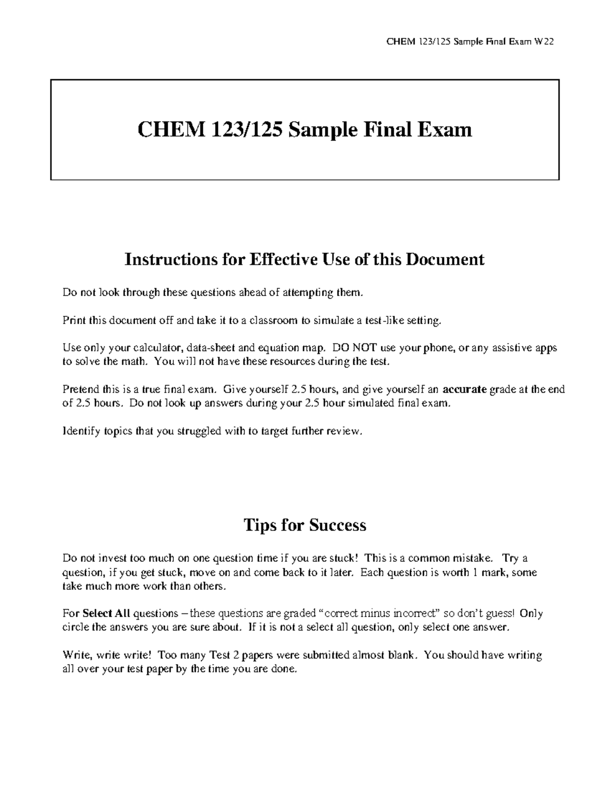 C125w22-Sample Final Solutions - CHEM 123/125 Sample Final Exam ...