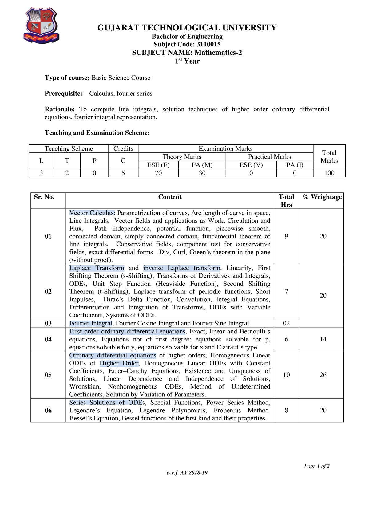 Maths 2 syllabus - GUJARAT TECHNOLOGICAL UNIVERSITY Bachelor of ...