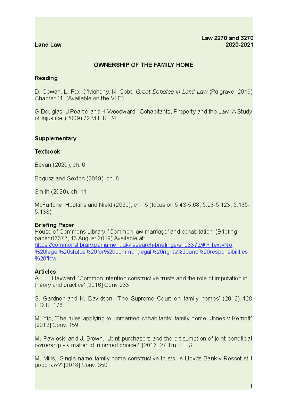 Ownership of the family home handout - Law 2270 and 3270 Land Law 2020 ...