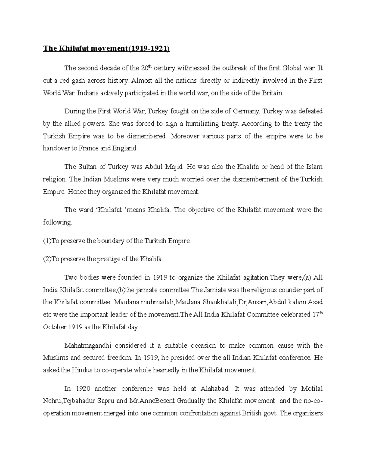 The Khilafat movement notes The Khilafat movement(19191921) The second decade of the 20th