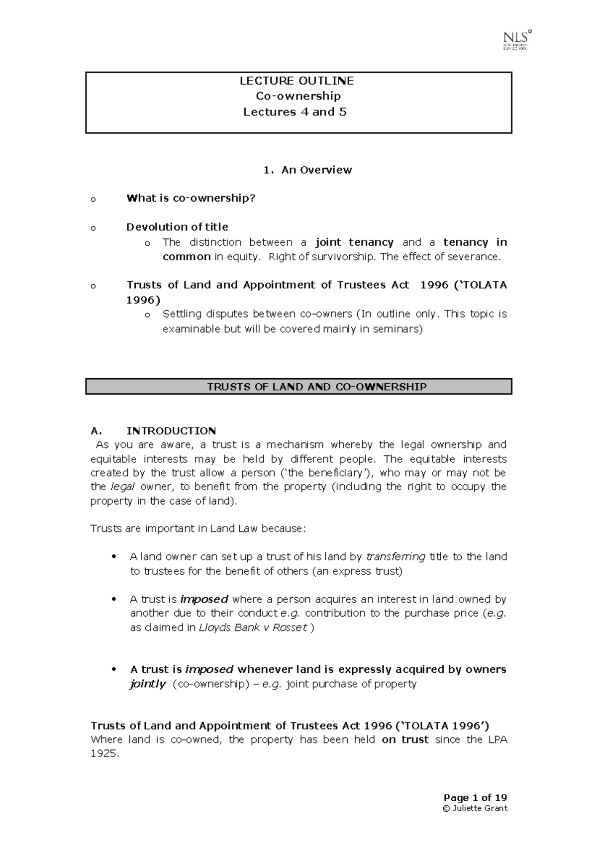 Lec 4 & 5 - Lecture notes 4-5 - LECTURE OUTLINE Co-ownership Lectures 4 ...