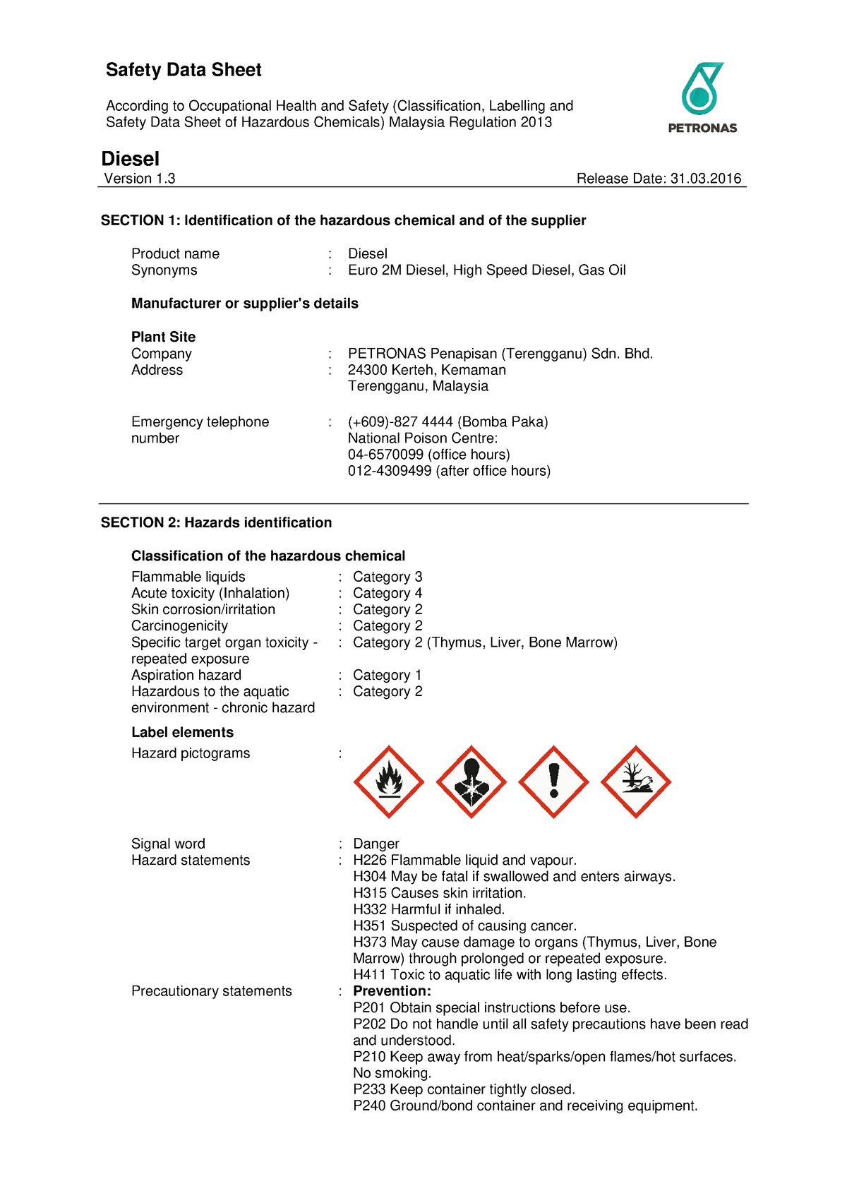 CSDS Diesel Petronas Latest - According to Occupational Health and ...