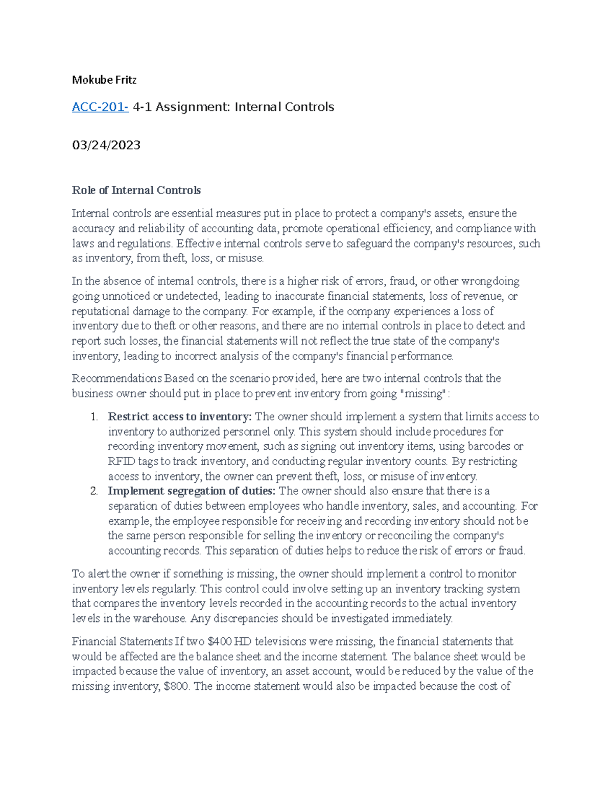 4 1 Assignment Internal Controls Mokube Fritz Acc 201 4 1 Assignment Internal Controls 03 24 4 1 Assignment Internal Controls Mokube Fritz Acc 201 4 1 Assignment Internal Controls 03 24