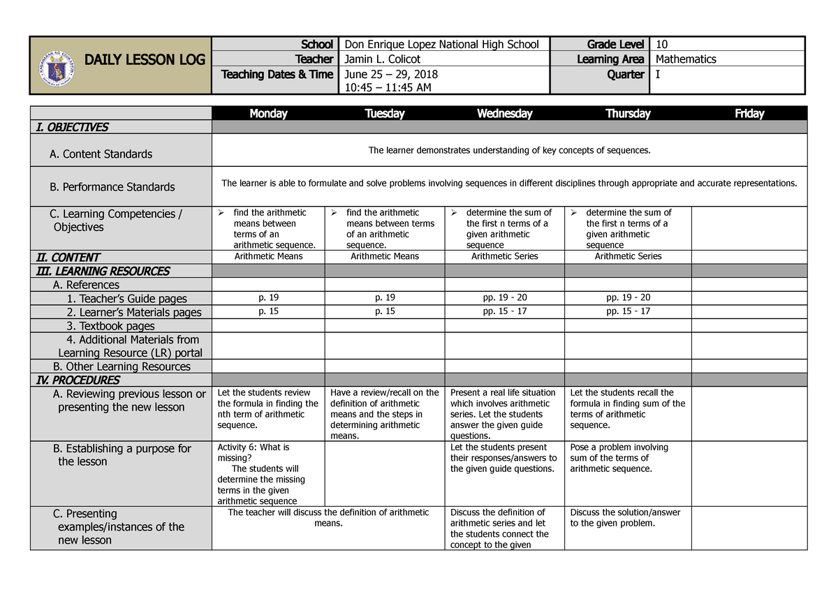 Sample Grade 10 DLL Q1W3 - DAILY LESSON LOG School Don Enrique Lopez ...