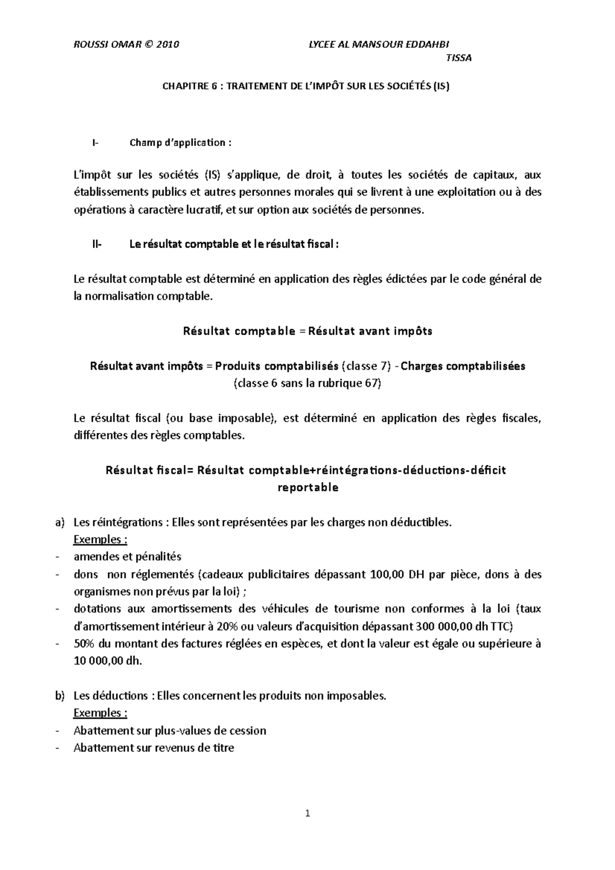 IS - détermination de l'impot sur les sociétés - TISSA CHAPITRE 6 ...