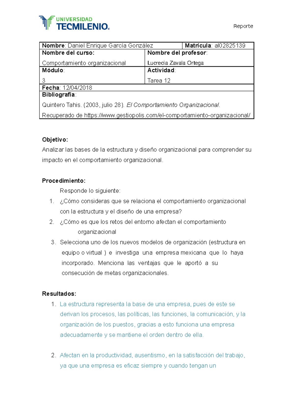 Comportamiento Organizacional Tarea 12 - Reporte Nombre: Daniel Enrique ...