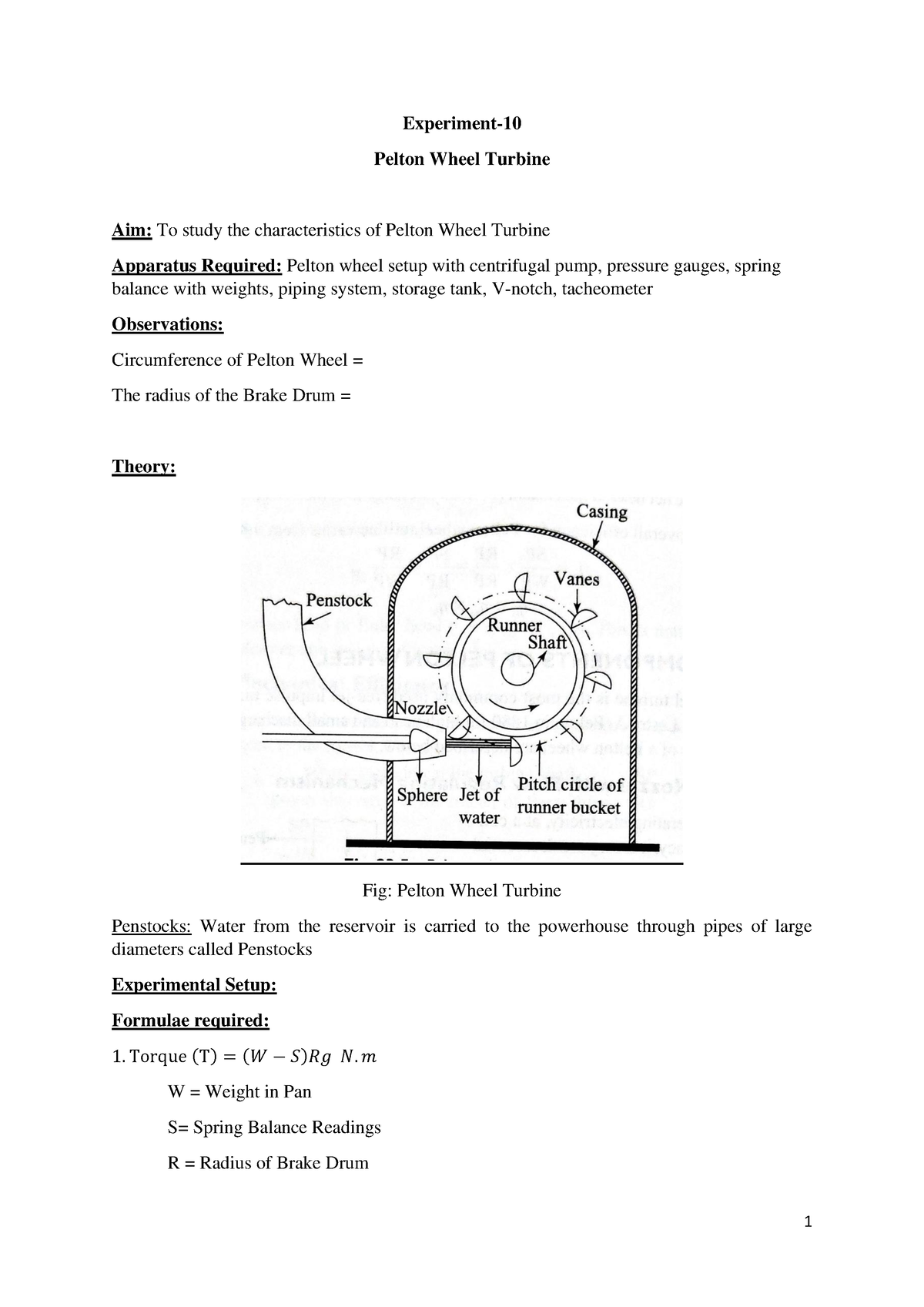 pelton wheel experiment lab report