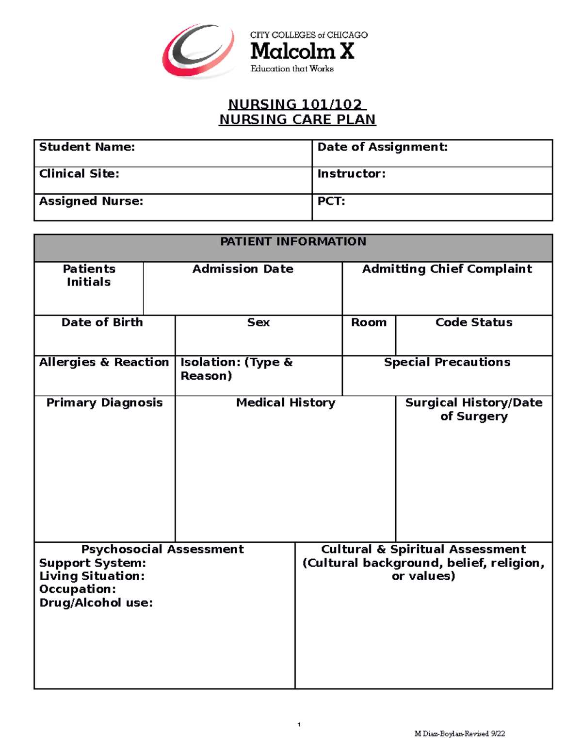 Nursing 101-102-Nursing Care Plan - NURSING 101/ NURSING CARE PLAN ...