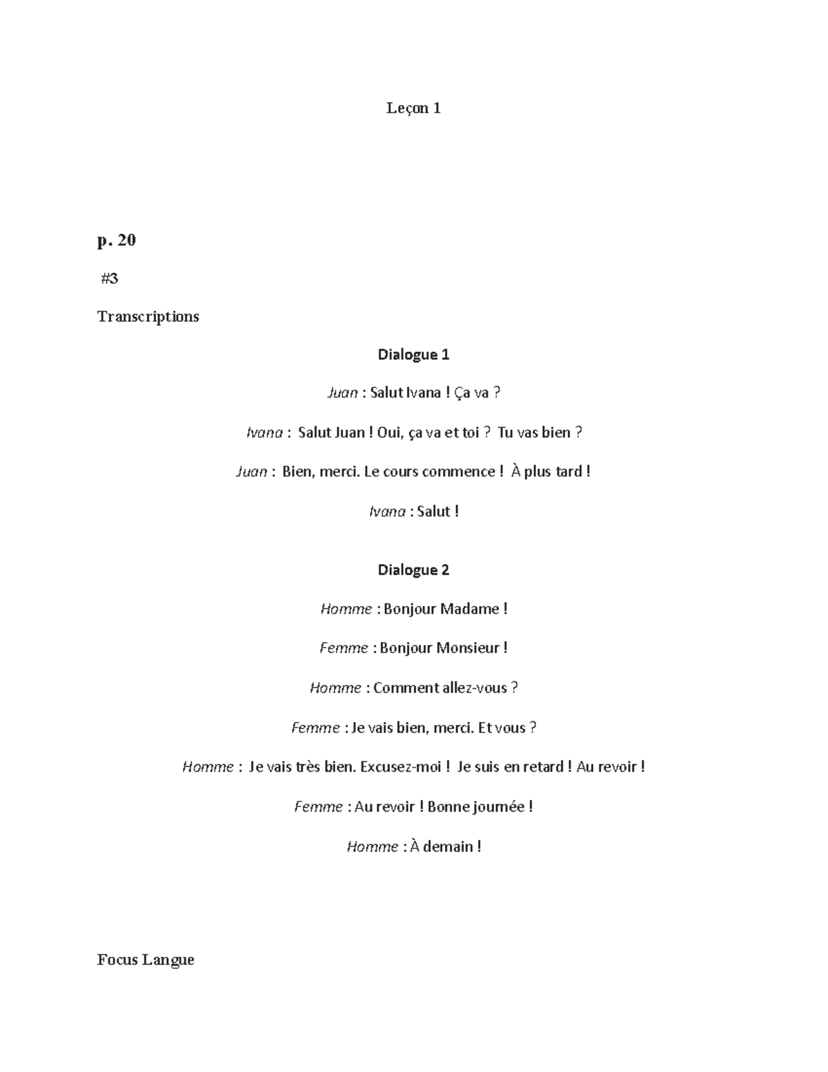 Corrigé p. 21, #3 et Focus Langue Les formules pour se saluer - Leçon 1 ...