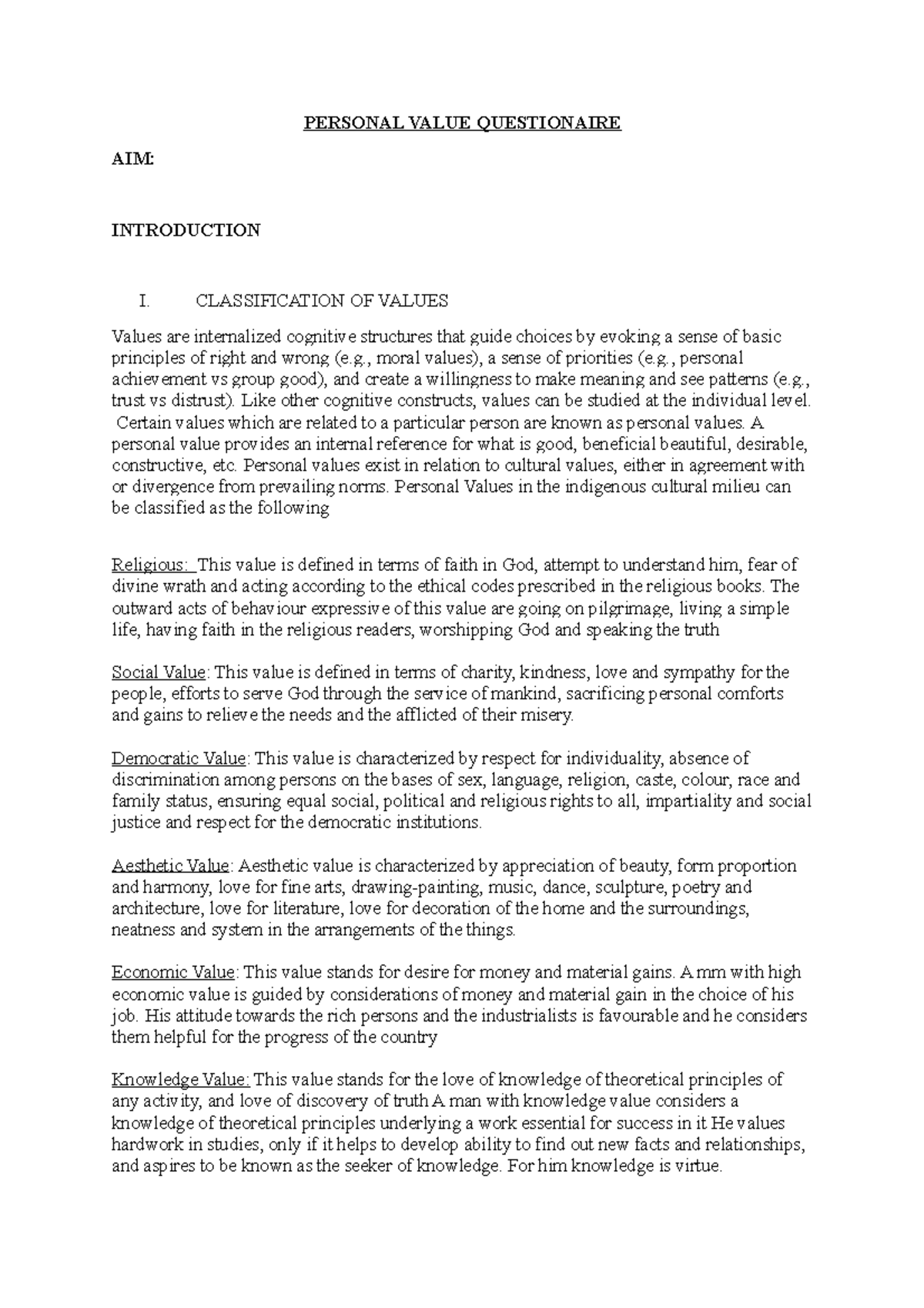 Personal Value Questionaire - PERSONAL VALUE QUESTIONAIRE AIM ...