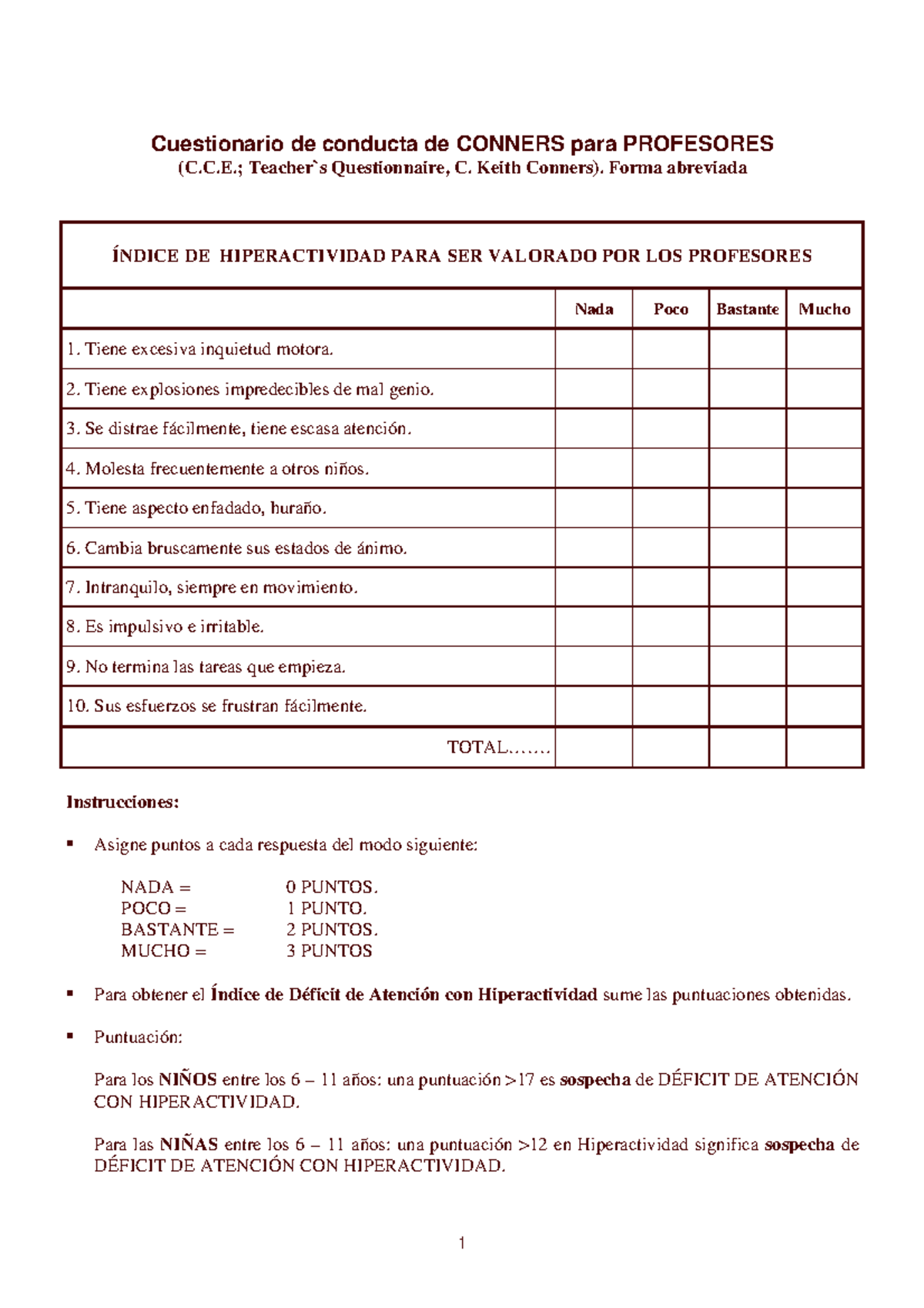 Escalas De Conners Evaluaci n Conductual Cuestionario De Conducta De 