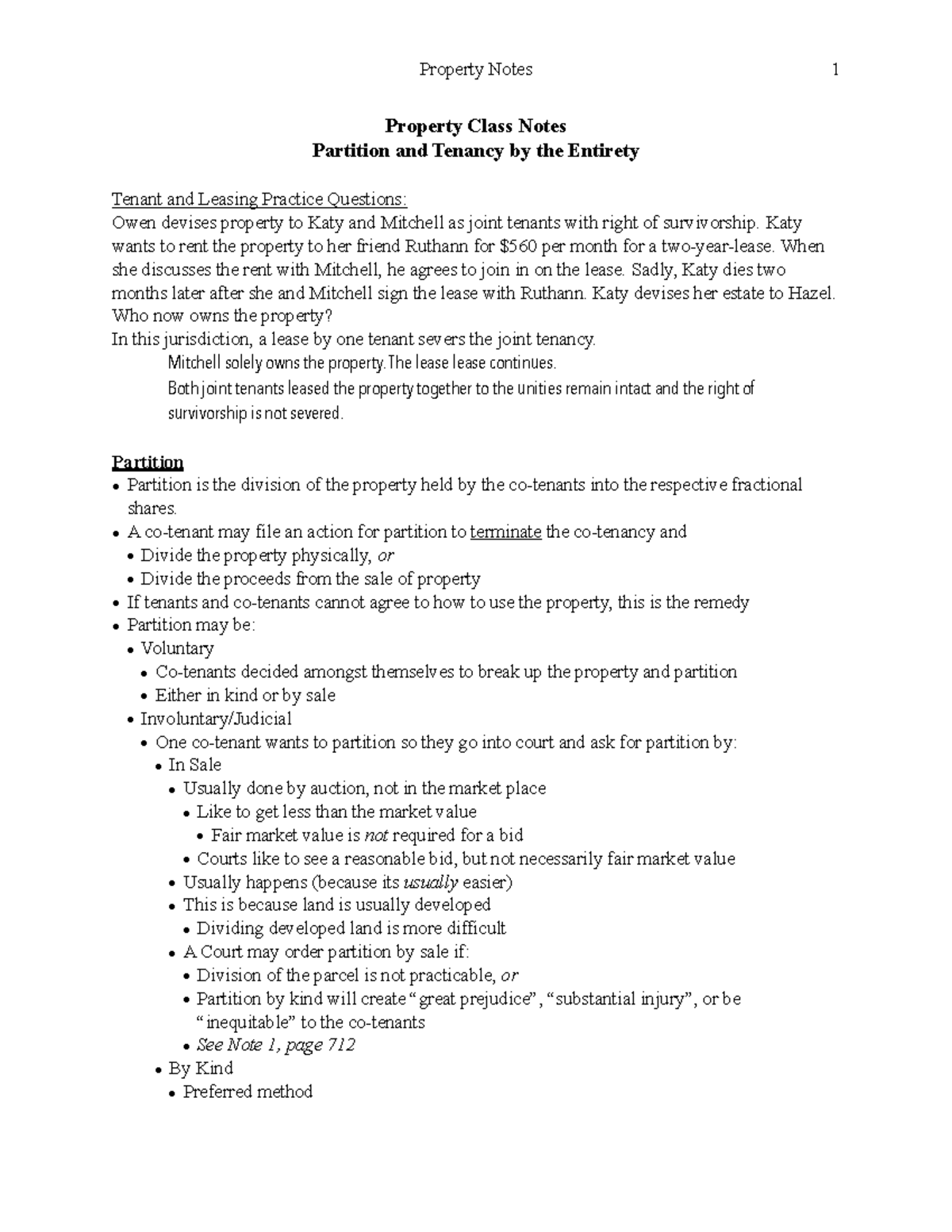 Partition and Tenancy by the Entirety - Property Notes 1 Property Class 