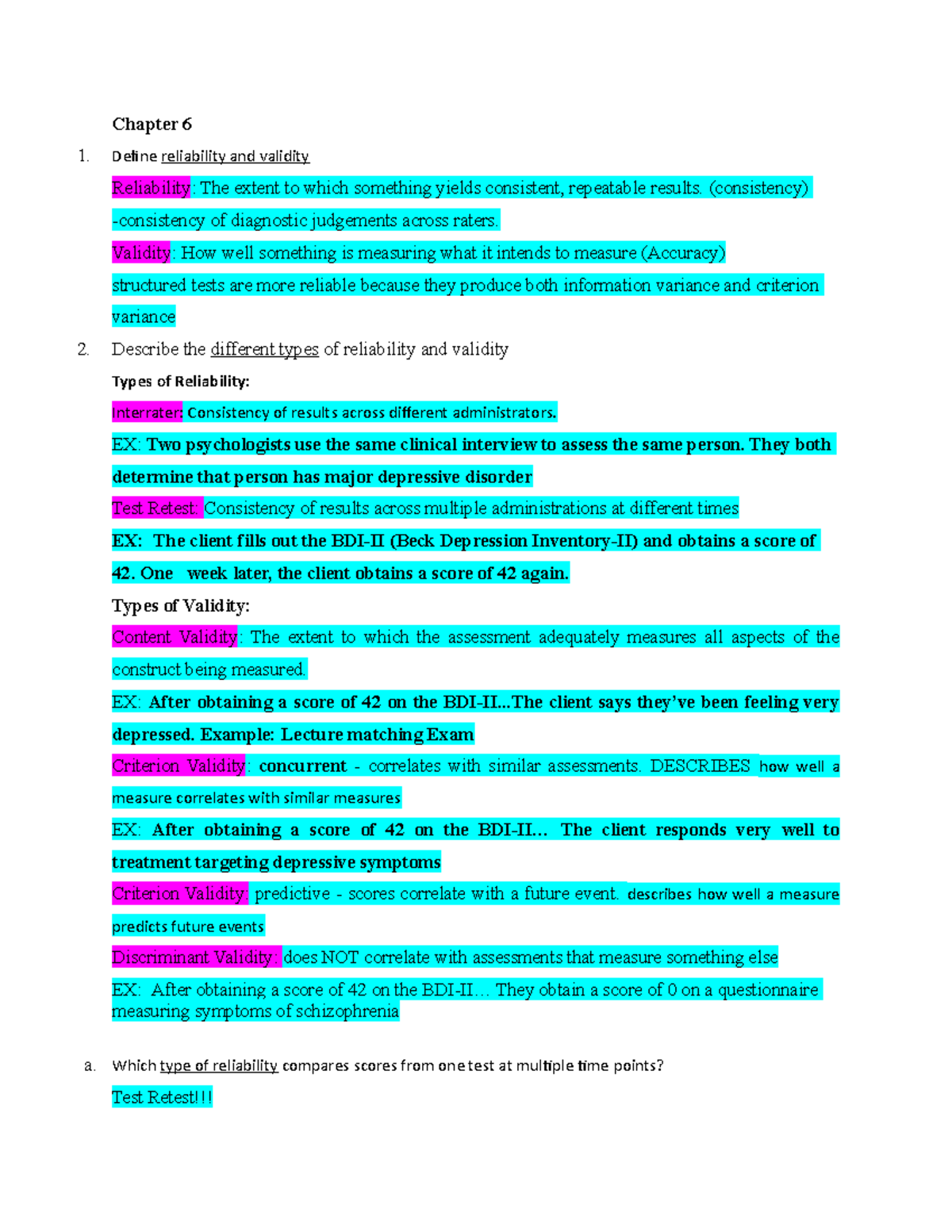 Exam 2 Study guide skuurrrr - Chapter 6 Define reliability and validity ...