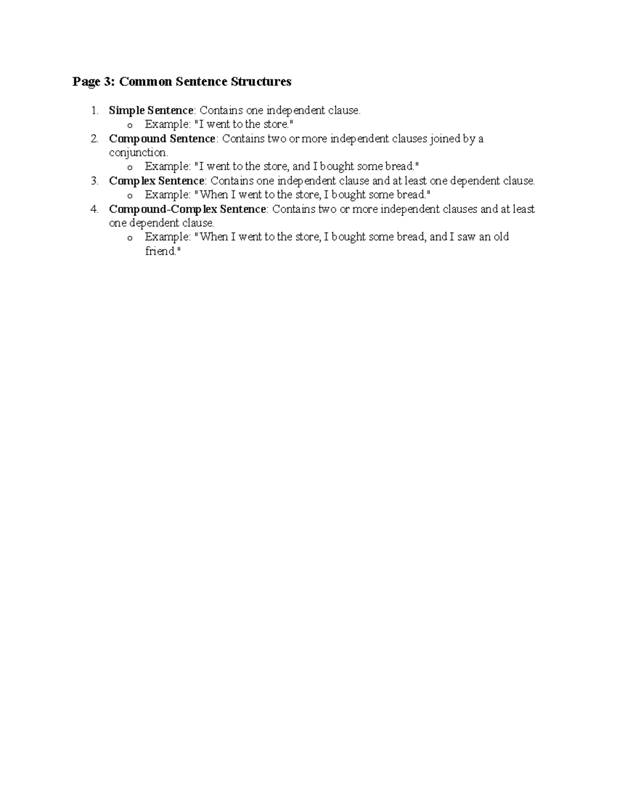 Page 3 - Common Sentence Structures - Simple Sentence: Contains one ...