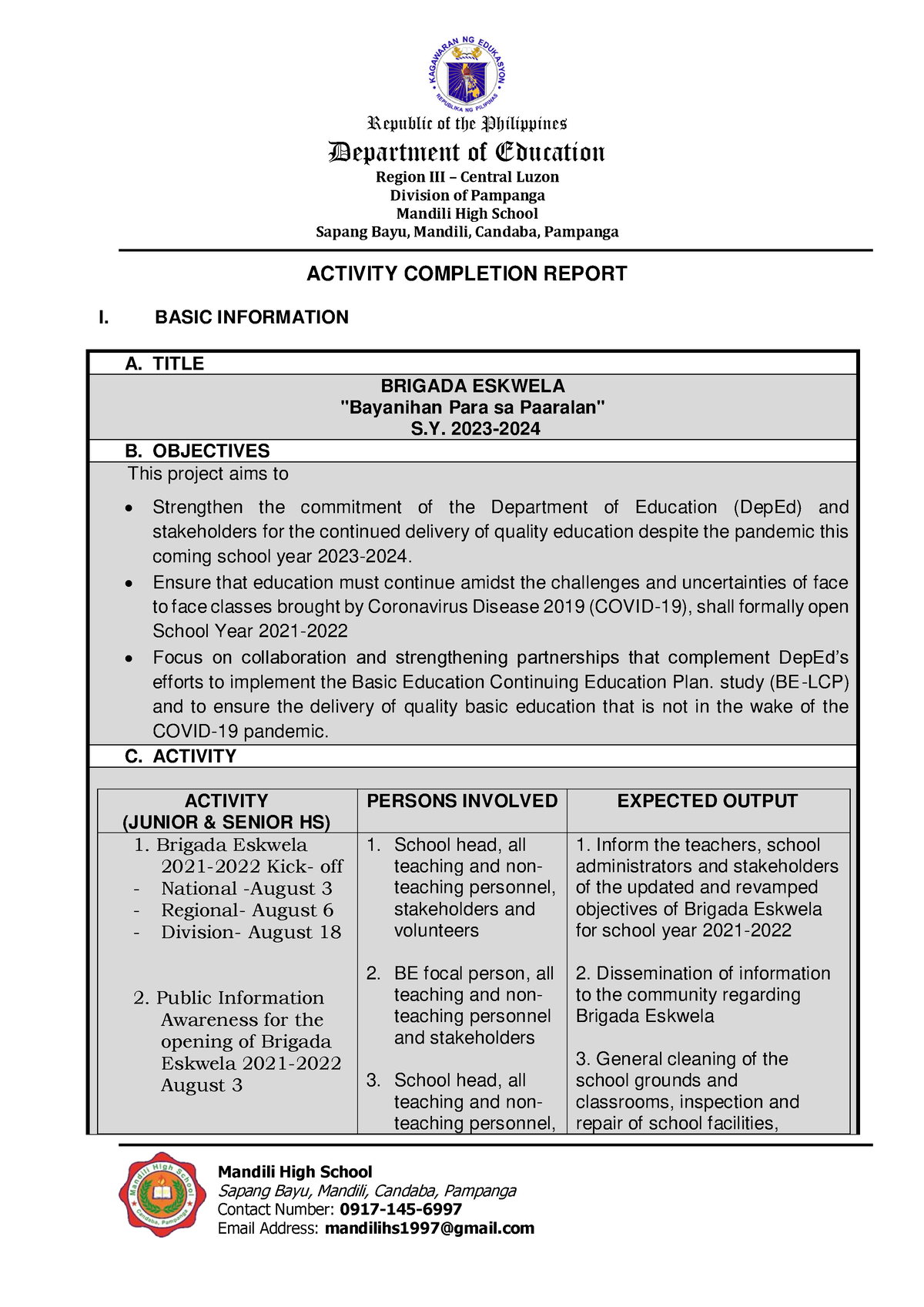 ACR - Brigada Eskwela 2021-2022 - ####### Department of Education ...