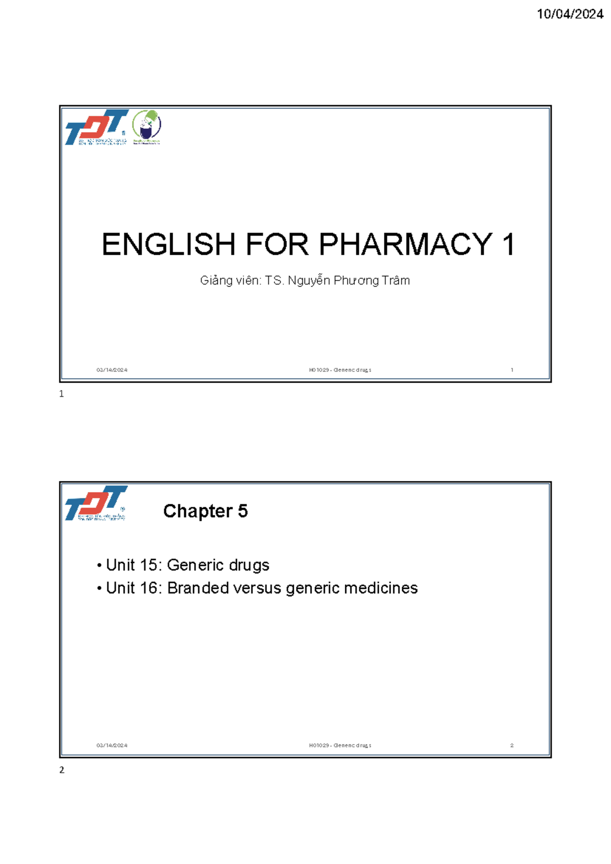 Chapter 5 - Generic drugs Student handout - ENGLISH FOR PHARMACY 1 ...