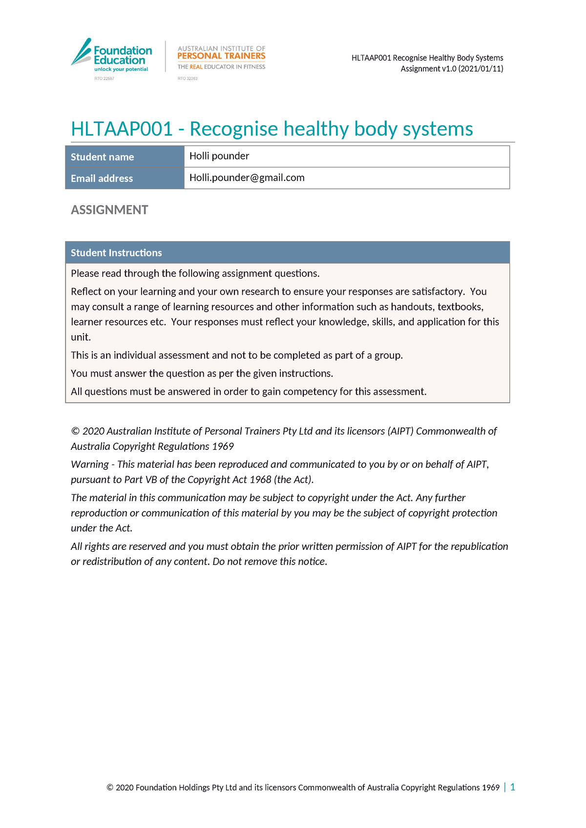 Hltaap 001-Assignment (HLT D) - Assignment V1 (2021/01/11) HLTAAP001 ...