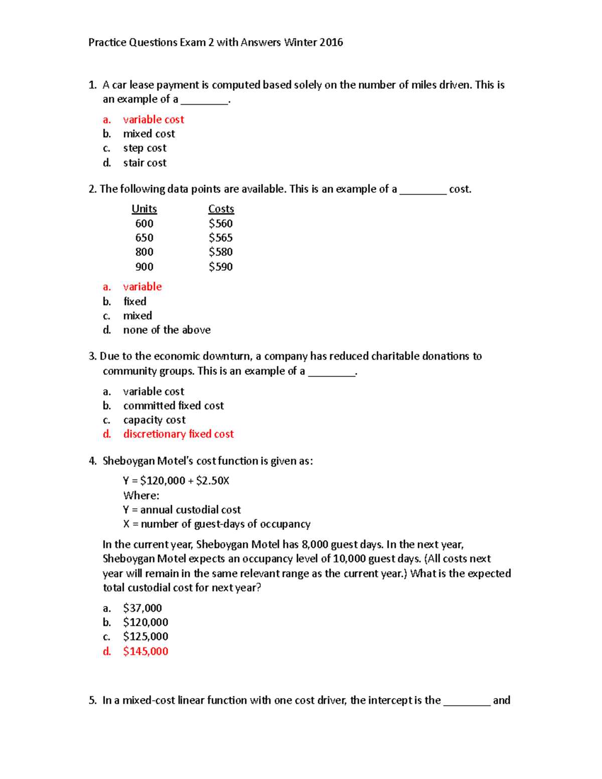 Exam 2015, questions and answers Practice Questions Exam 2 with