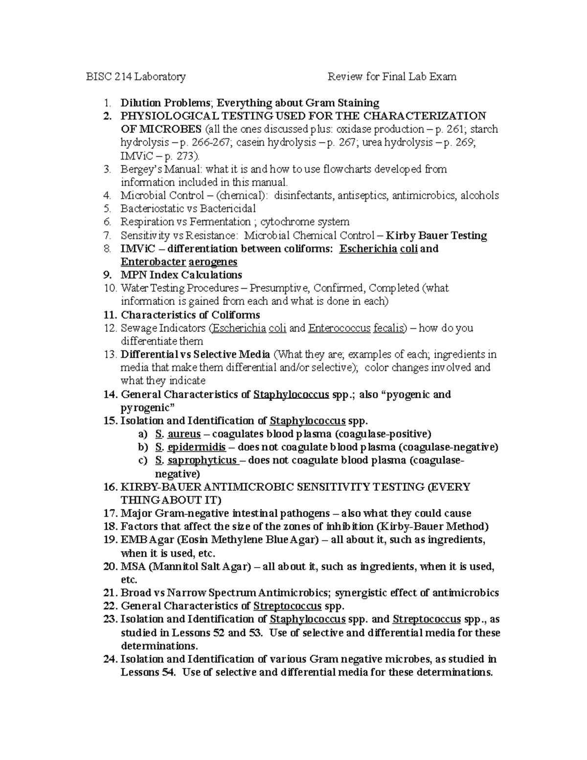 Review for Final Lab Exam - Revised Fall 2020-2021 New Manual Edition ...
